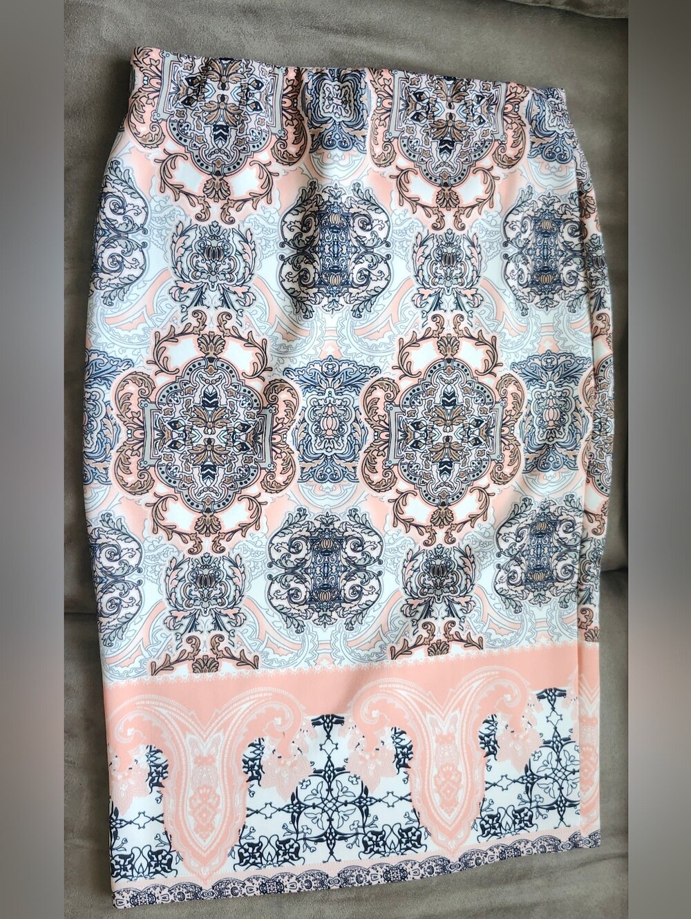 Sequin Hearts Paisley Pencil Skirt in Peach & Light Blue